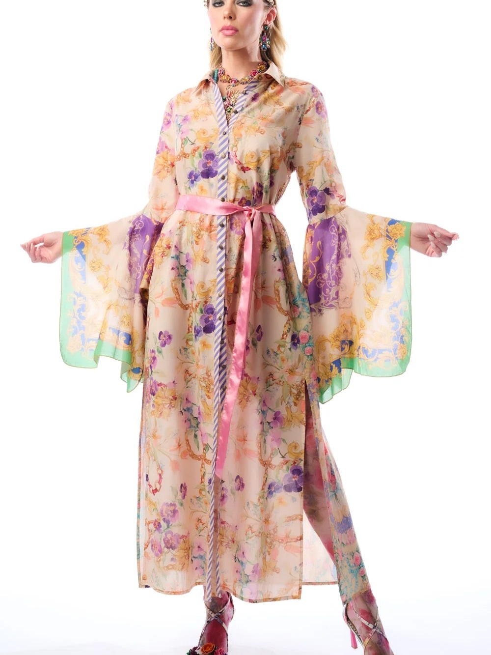 NWT Aratta Sheer Floral Miami Duster Maxi Dress Tea Wash